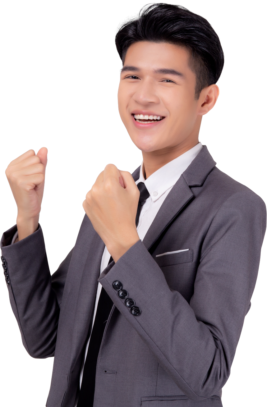 Portrait businessman in suit standing with win success.
